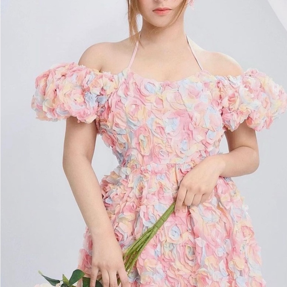 Pastel Pink Floral Off-Shoulder Dress